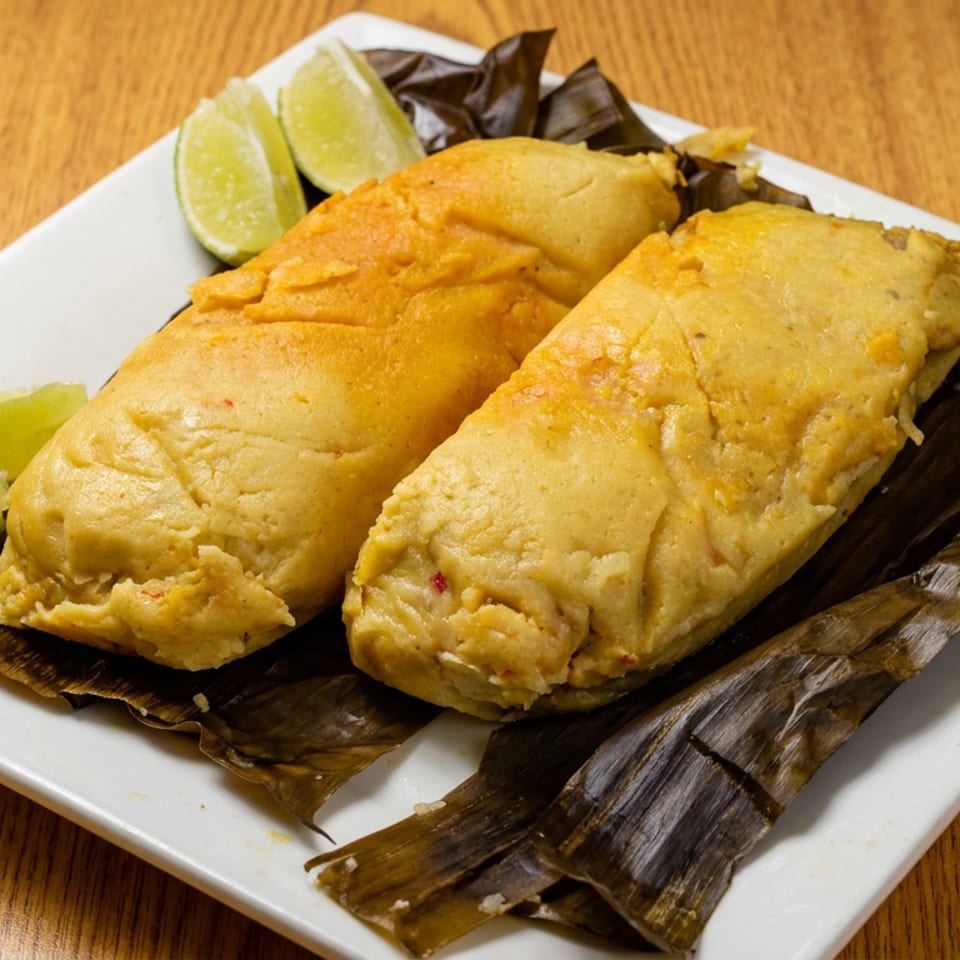 Two golden banana-leaf-wrapped tamales served on a white plate with lime wedges on a wooden table.