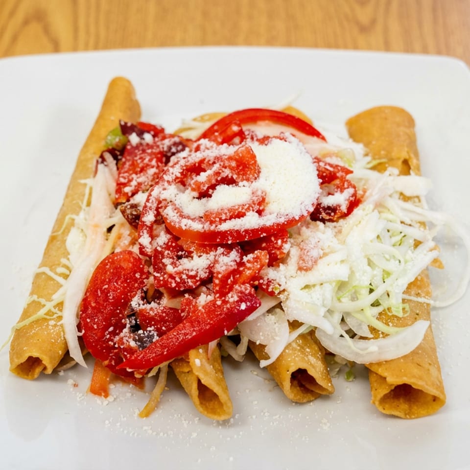 Plate of crispy rolled tacos topped with shredded lettuce, sliced tomatoes, onions, crema, and crumbled cheese.