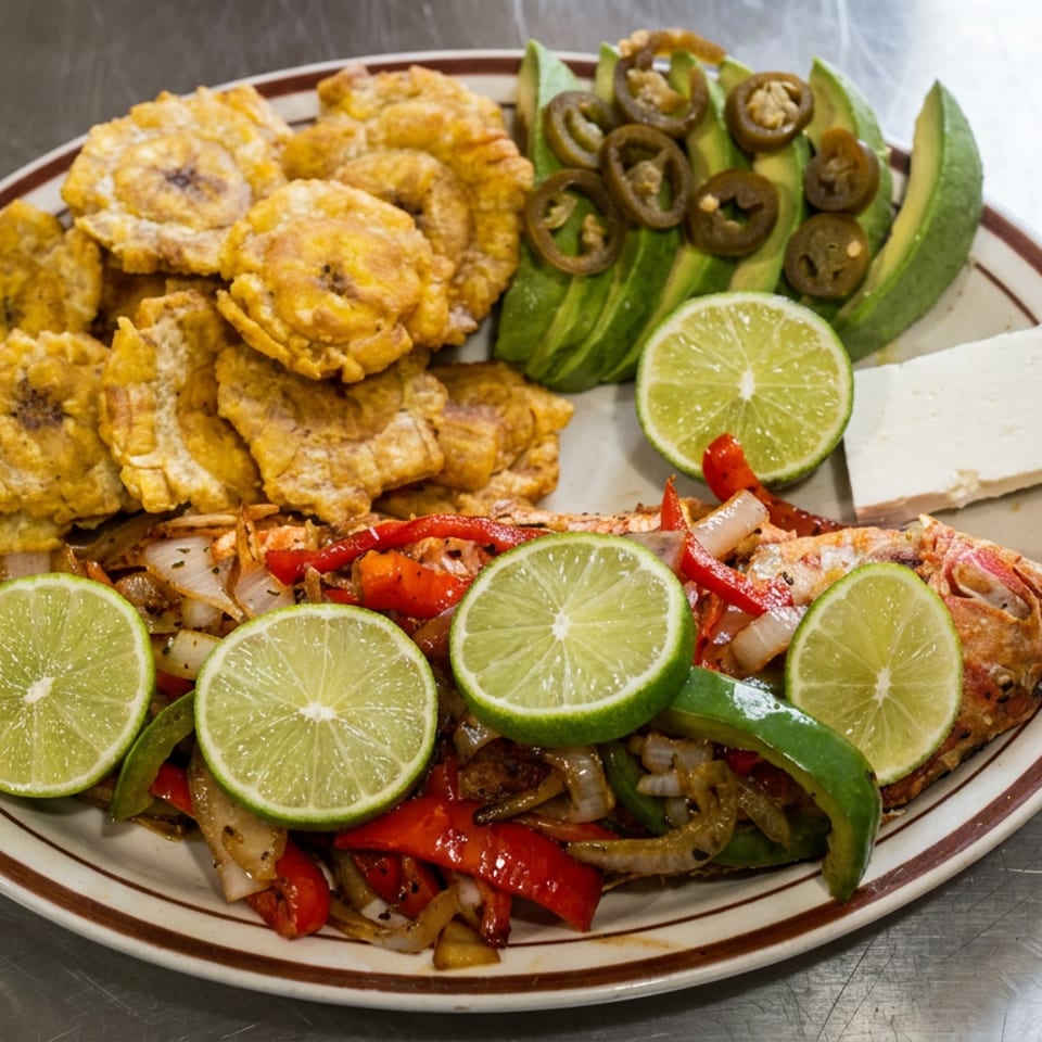 Hearty Latin-inspired platter with fried plantains, avocado, jalapeños, lime, white cheese, grilled fish, and sautéed peppers.