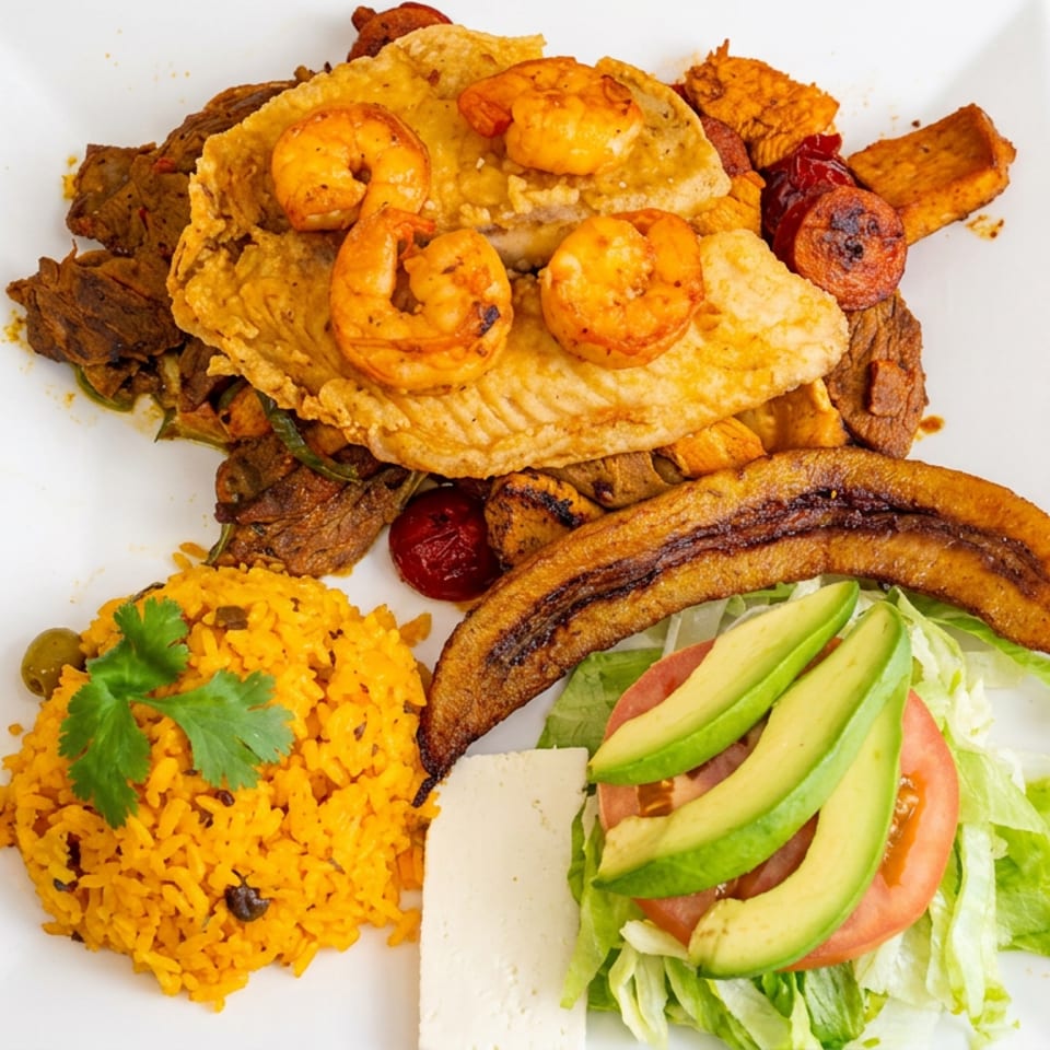 Large plate of fried seafood, shrimp, plantains, seasoned rice, avocado salad, and grilled vegetables on a wooden table.
